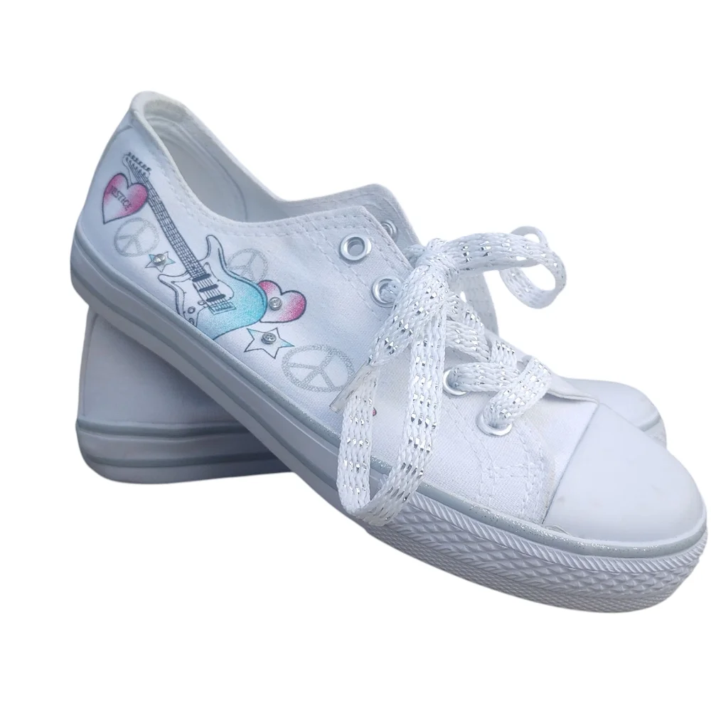 Justice Size 2 White and Pink Kids Shoes with Guitar Design